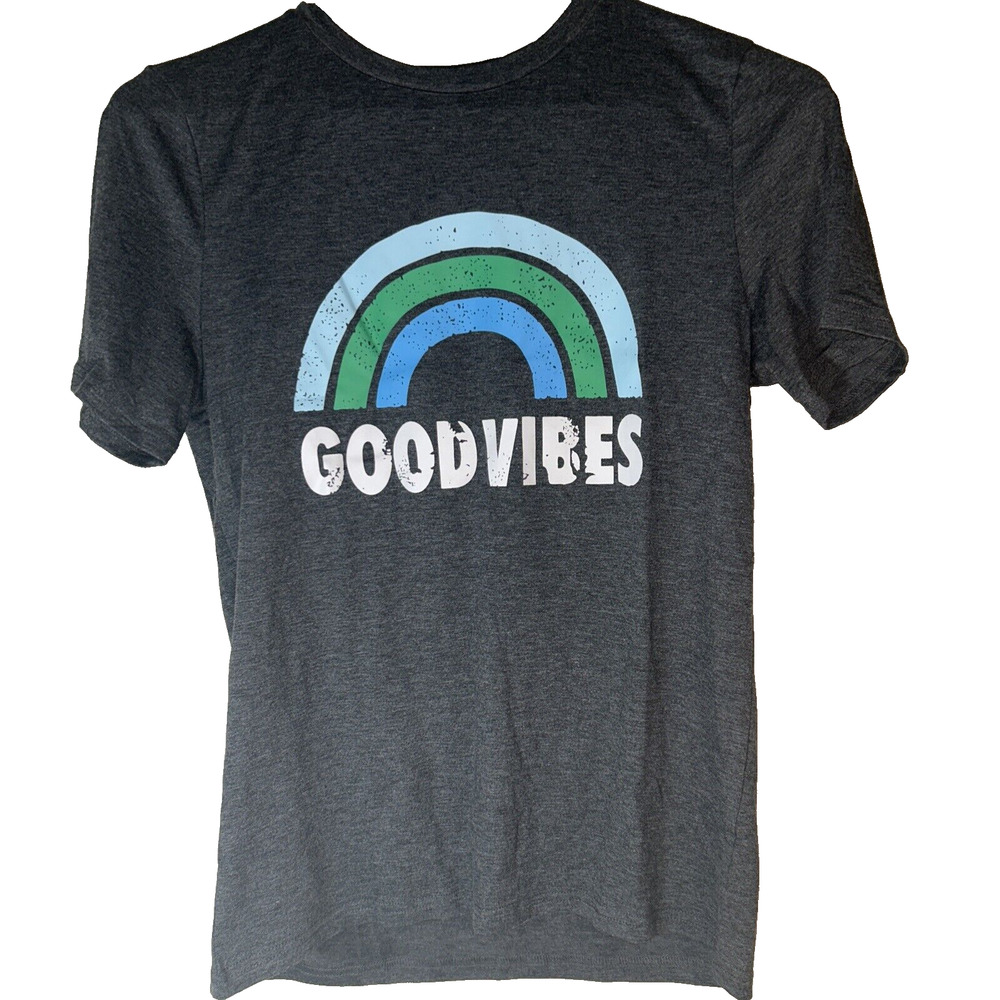 GOOD VIBES Tops Womens Medium T Shirts Dark GrayCrew Graphic Short Sleeve Yexipo